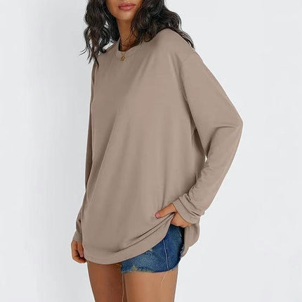 Womens Long Sleeve Round Neck Tee Shirts Solid Color Loose Casual Tops