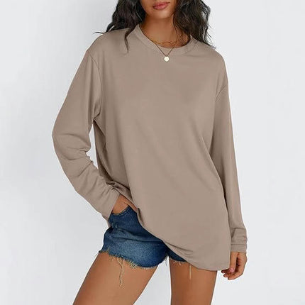 Womens Long Sleeve Round Neck Tee Shirts Solid Color Loose Casual Tops