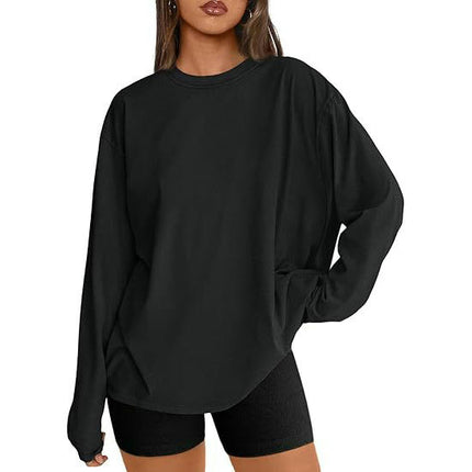 Womens Long Sleeve Round Neck Tee Shirts Solid Color Loose Casual Tops