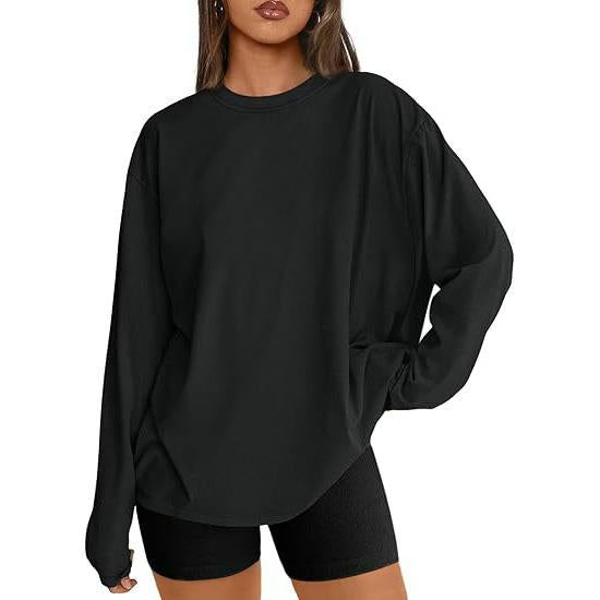 Womens Long Sleeve Round Neck Tee Shirts Solid Color Loose Casual Tops