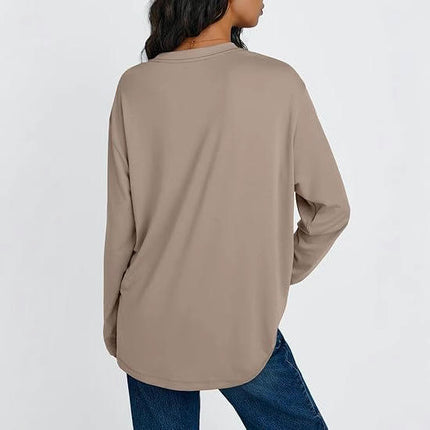 Womens Long Sleeve Round Neck Tee Shirts Solid Color Loose Casual Tops