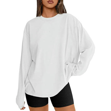 Womens Long Sleeve Round Neck Tee Shirts Solid Color Loose Casual Tops