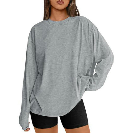 Womens Long Sleeve Round Neck Tee Shirts Solid Color Loose Casual Tops