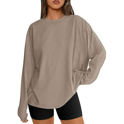Womens Long Sleeve Round Neck Tee Shirts Solid Color Loose Casual Tops