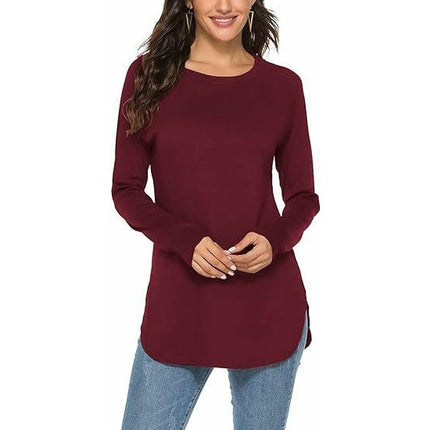 Women's Tunic Tops Long Sleeve Crew Neck Side Split Loose Fit Blouses T-Shirts