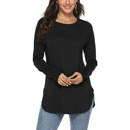 Women's Tunic Tops Long Sleeve Crew Neck Side Split Loose Fit Blouses T-Shirts