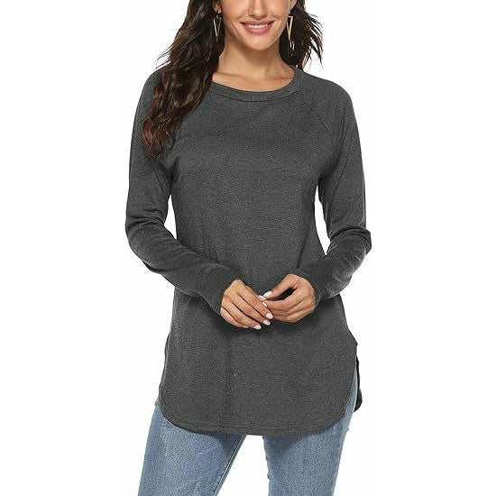 Women's Tunic Tops Long Sleeve Crew Neck Side Split Loose Fit Blouses T-Shirts