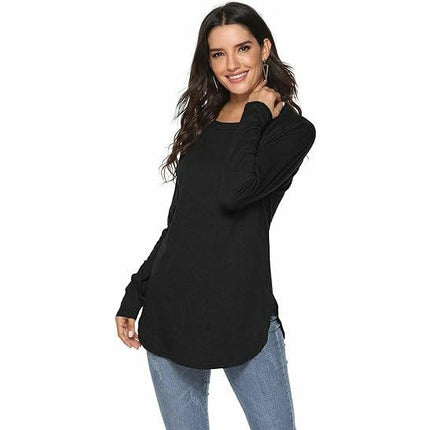 Women's Tunic Tops Long Sleeve Crew Neck Side Split Loose Fit Blouses T-Shirts