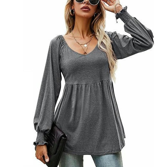Women's Puff Long Sleeve Babydoll Tops Tunics V Neck Solid T-Shirts Blouse