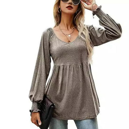 Women's Puff Long Sleeve Babydoll Tops Tunics V Neck Solid T-Shirts Blouse