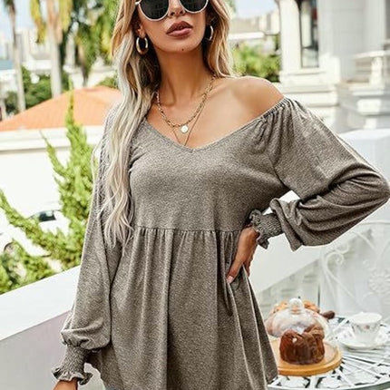 Women's Puff Long Sleeve Babydoll Tops Tunics V Neck Solid T-Shirts Blouse
