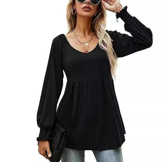 Women's Puff Long Sleeve Babydoll Tops Tunics V Neck Solid T-Shirts Blouse