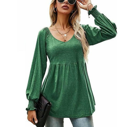 Women's Puff Long Sleeve Babydoll Tops Tunics V Neck Solid T-Shirts Blouse