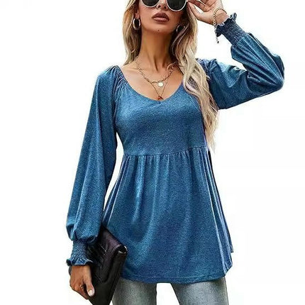 Women's Puff Long Sleeve Babydoll Tops Tunics V Neck Solid T-Shirts Blouse