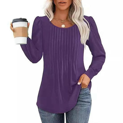 Women's Puff Long Sleeve Tops Crew Neck Pleated Shirts Tunic Blouses