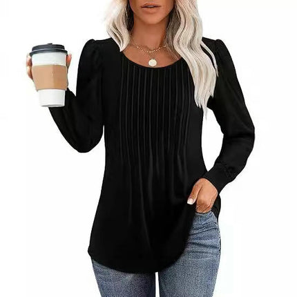 Women's Puff Long Sleeve Tops Crew Neck Pleated Shirts Tunic Blouses