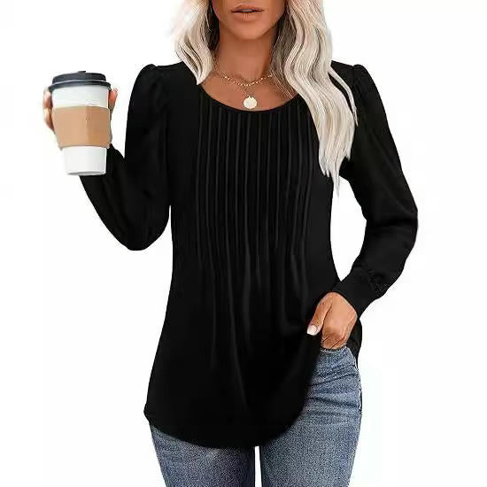 Women's Puff Long Sleeve Tops Crew Neck Pleated Shirts Tunic Blouses