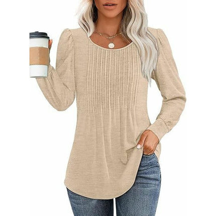 Women's Puff Long Sleeve Tops Crew Neck Pleated Shirts Tunic Blouses