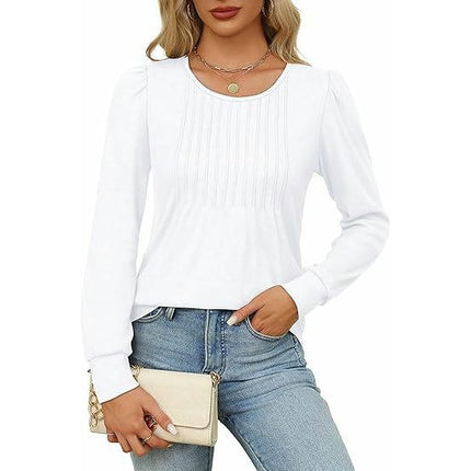 Women's Puff Long Sleeve Tops Crew Neck Pleated Shirts Tunic Blouses
