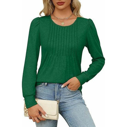 Women's Puff Long Sleeve Tops Crew Neck Pleated Shirts Tunic Blouses