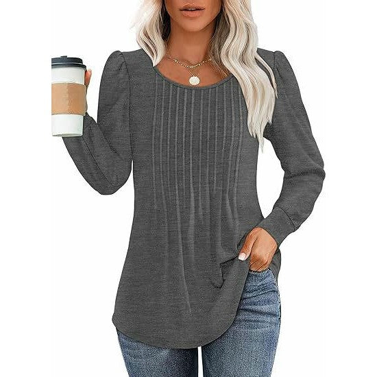 Women's Puff Long Sleeve Tops Crew Neck Pleated Shirts Tunic Blouses