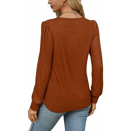 Women's Puff Long Sleeve Tops Crew Neck Pleated Shirts Tunic Blouses