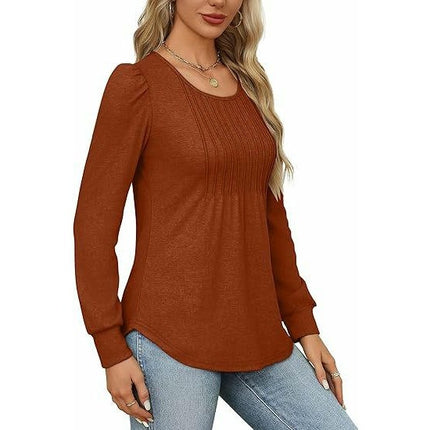 Women's Puff Long Sleeve Tops Crew Neck Pleated Shirts Tunic Blouses