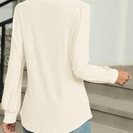 Womens V Neck Puff Long Sleeve Eyelet Tops Dressy Casual Blouse