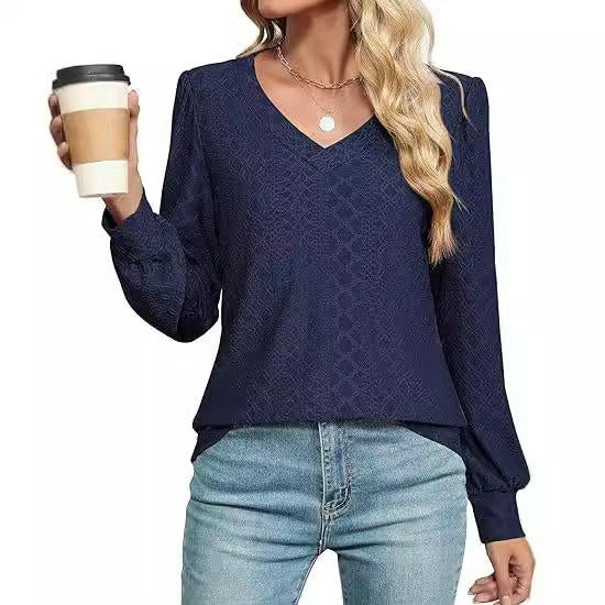 Womens V Neck Puff Long Sleeve Eyelet Tops Dressy Casual Blouse