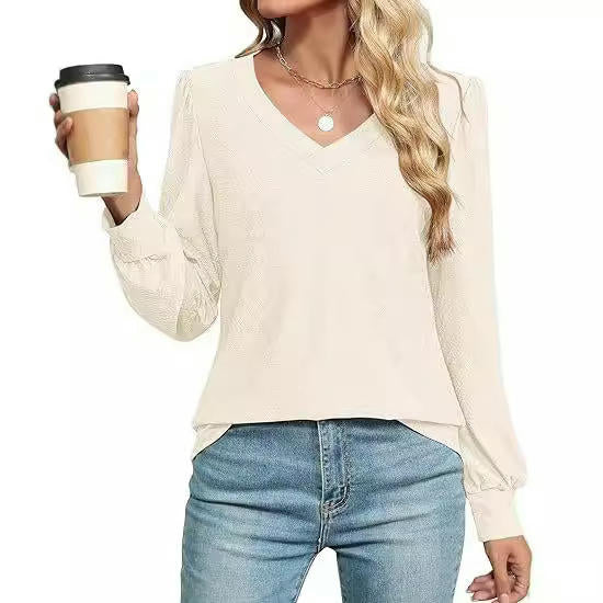 Womens V Neck Puff Long Sleeve Eyelet Tops Dressy Casual Blouse