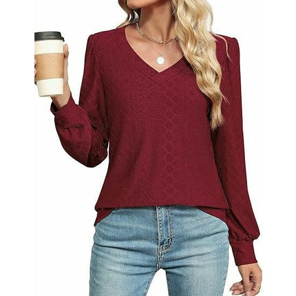 Womens V Neck Puff Long Sleeve Eyelet Tops Dressy Casual Blouse