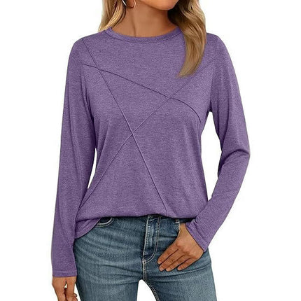 Women's Long Sleeve Tops Dressy Casual Shirts Crew Neck Loose Fit Pleated Blouses