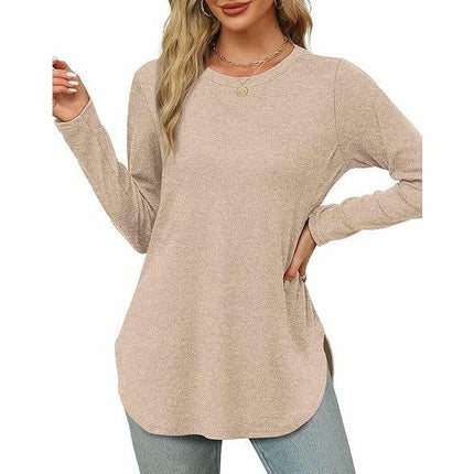 Women Long Sleeve Tunic Tops Crewneck Side Slits Casual T Shirt