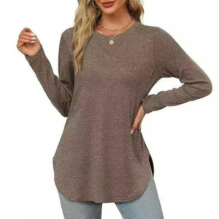 Women Long Sleeve Tunic Tops Crewneck Side Slits Casual T Shirt