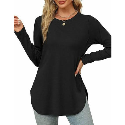 Women Long Sleeve Tunic Tops Crewneck Side Slits Casual T Shirt