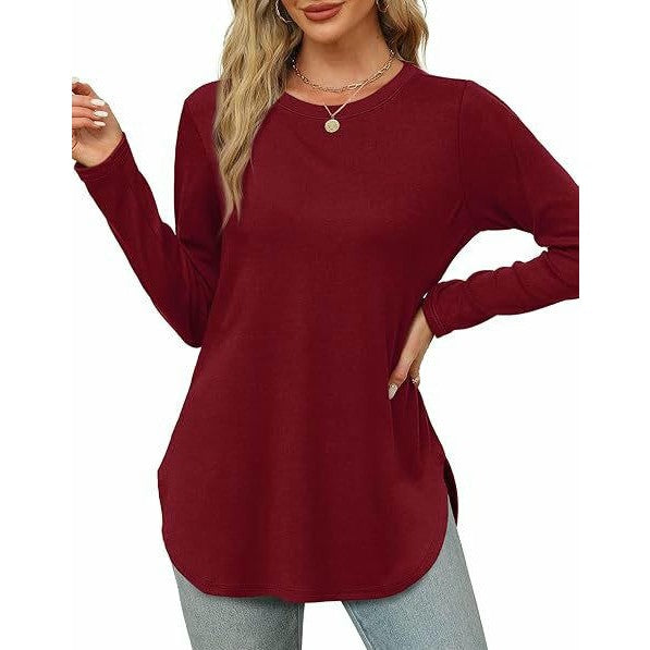Women Long Sleeve Tunic Tops Crewneck Side Slits Casual T Shirt