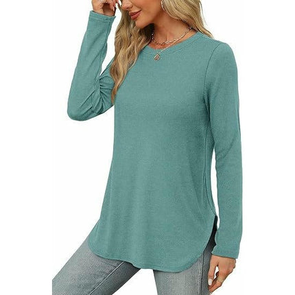 Women Long Sleeve Tunic Tops Crewneck Side Slits Casual T Shirt