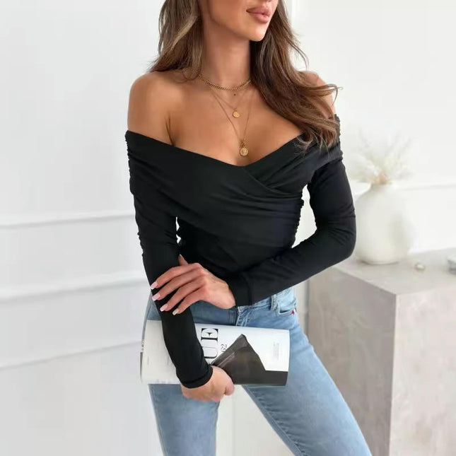 Womens Long Sleeve Off Shoulder Shirts Tight Fitted Going Out Sexy Ruched Tee Tops