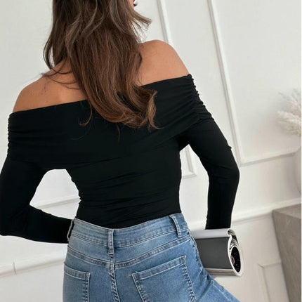 Womens Long Sleeve Off Shoulder Shirts Tight Fitted Going Out Sexy Ruched Tee Tops
