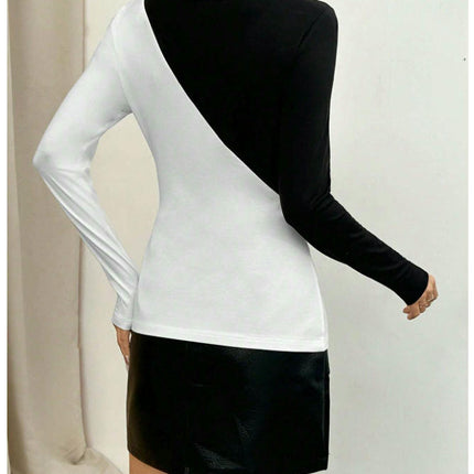 Womens Long Sleeve Cut Out Neck Slim fit T Shirts Sexy Color Block Tops