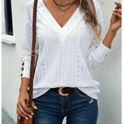 Women's V Neck Long Sleeve Tops Dressy Casual Fall Shirts Eyelet Loose Blouses