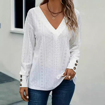 Women's V Neck Long Sleeve Tops Dressy Casual Fall Shirts Eyelet Loose Blouses