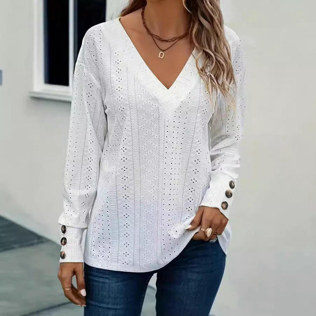 Women's V Neck Long Sleeve Tops Dressy Casual Fall Shirts Eyelet Loose Blouses
