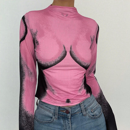 Womens Long Sleeve Crop Tops Mock Neck Going Out Slim Fit T Shirt