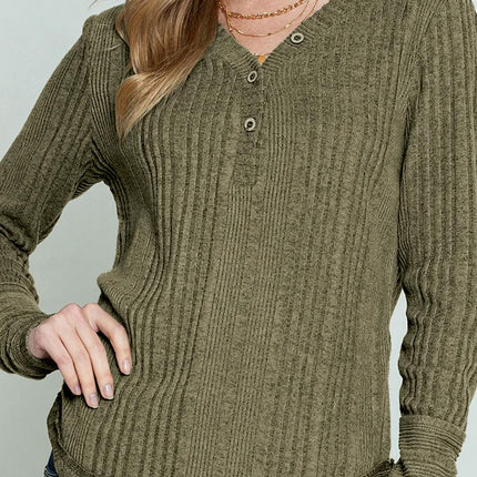 Womens Soft Long Sleeve Button V Neck Shirts Solid Casual Knitted Pullover Tunic Tops
