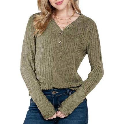 Womens Soft Long Sleeve Button V Neck Shirts Solid Casual Knitted Pullover Tunic Tops