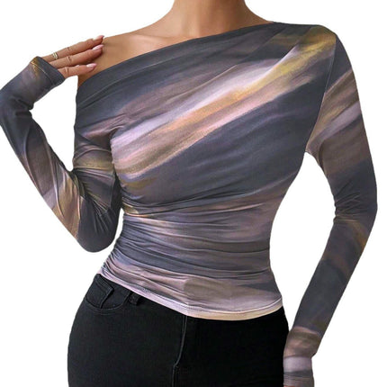 Women's Off The Shoulder Tops Long Sleeve T Shirts Casual Ruched Slim Fitted Tops