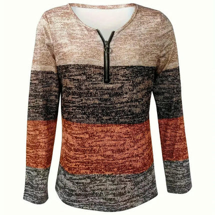 Womens Color Block Shirt Zipper Crew Neck Long Sleeve Top Casual Loose Fit Tee