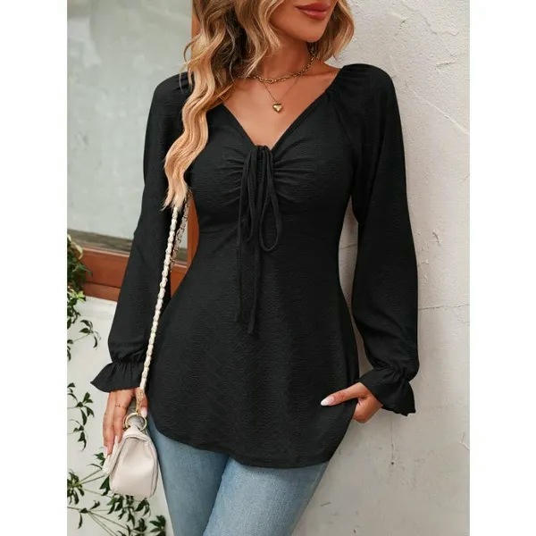 Womens Drawstring V Neck Puff Long Sleeve T Shirts Eyelet Blouses Casual Loose Tunics Tops