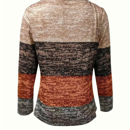Womens Color Block Shirt Zipper Crew Neck Long Sleeve Top Casual Loose Fit Tee